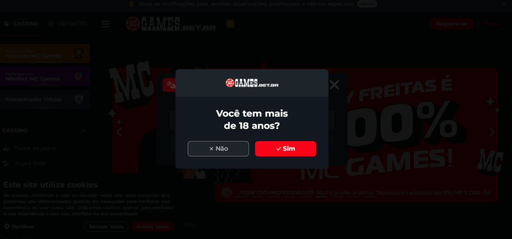 A imagem mostra um pop-up em um site com um fundo escuro, perguntando ao usuário se ele tem mais de 18 anos. O pop-up contém os botões “Não” e “Sim”. Pelo cabeçalho com o logo “MC GAMES” e o texto “BET.BR”, parece estar relacionado a jogos ou apostas online. No fundo da página há alguns elementos gráficos e textos parcialmente visíveis sobre promoções e jogos.