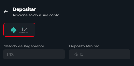 Parece que esta imagem mostra uma tela de depósito, onde é possível adicionar saldo a uma conta usando o sistema de pagamento instantâneo brasileiro, PIX. O método de pagamento selecionado é PIX, e o depósito mínimo indicado é de R$ 10. Há um destaque em torno do logo do PIX, possivelmente chamando atenção para essa opção.