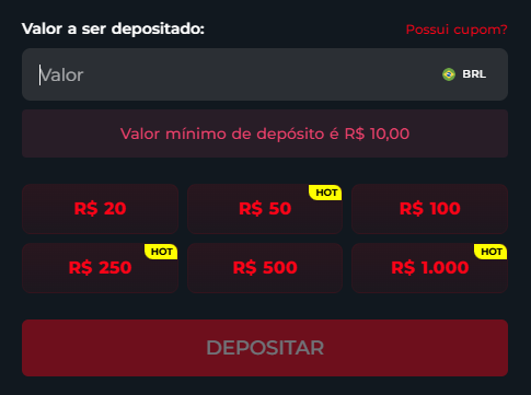 A imagem mostra uma interface de depósito em um aplicativo ou site financeiro. O usuário pode inserir o valor a ser depositado em reais (BRL) no campo indicado, onde está escrito "Valor a ser depositado:". O depósito mínimo permitido é R$ 10,00, conforme informado na tela. Além disso, há botões pré-definidos com valores de R$ 20, R$ 50, R$ 100, R$ 250, R$ 500 e R$ 1.000, sendo que alguns estão marcados com um selo "HOT", possivelmente indicando que são escolhas populares ou recomendadas. Para confirmar o depósito, há um botão grande com a palavra "DEPOSITAR" na parte inferior da interface.