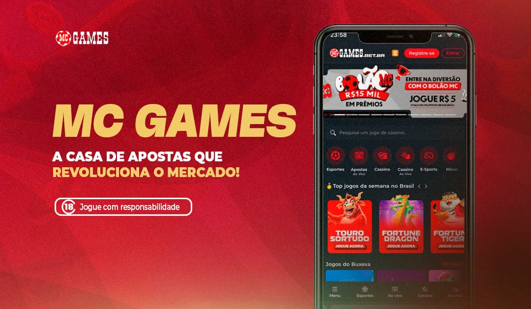 A imagem é um anúncio da MC Games, uma plataforma de apostas. O fundo vermelho destaca o nome "MC GAMES" em letras amarelas, acompanhado do slogan "A CASA DE APOSTAS QUE REVOLUCIONA O MERCADO!". Há um aviso em um quadro branco de fundo vermelho que diz "18+ Jogue com responsabilidade", alertando sobre a idade mínima para apostas. No lado direito, um smartphone exibe a interface do aplicativo da MC Games, que apresenta diversas categorias como esportes, apostas ao vivo, cassino, e-sports e minas. No topo da tela do app, há um banner sobre o "Bolão MC", com um prêmio de R$15 mil e a possibilidade de jogar por apenas R$5. Também são destacados os principais jogos da semana no Brasil, como "Touro Sortudo", "Fortune Dragon" e "Fortune Tiger".