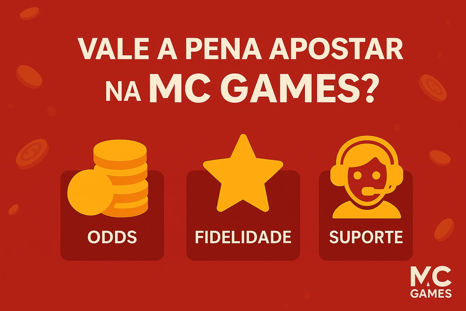 Conheça a Mc Games - A Plataforma que Mais Paga em 2025! 30 Essa imagem é um gráfico promocional da MC Games, perguntando "Vale a pena apostar na MC Games?". Ela destaca três aspectos principais: ODDS, representado por uma pilha de moedas; FIDELIDADE, simbolizado por uma estrela; e SUPORTE, ilustrado por uma pessoa usando um headset. O fundo vermelho tem ilustrações espalhadas de moedas, trazendo uma sensação de dinamismo. O logo da MC Games aparece no canto inferior direito.