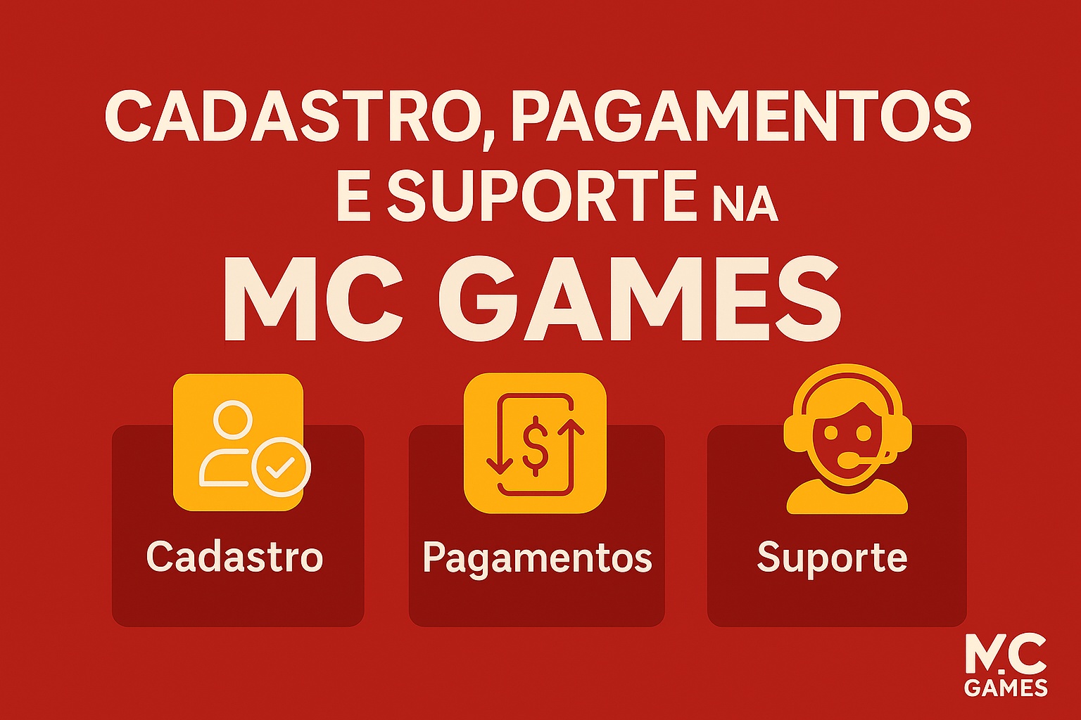Conheça a Mc Games - A Plataforma que Mais Paga em 2025! 29 A imagem é um anúncio da MC Games, destacando três serviços principais: cadastro, pagamentos e suporte. O fundo é vermelho, e o texto está em branco e amarelo. No topo, a mensagem diz: "CADASTRO, PAGAMENTOS E SUPORTE NA MC GAMES." Abaixo dessa frase, há três ícones representando os serviços: um ícone de pessoa com um checkmark para "Cadastro", um cifrão com setas indicando transações para "Pagamentos", e um atendente com headset para "Suporte". No canto inferior direito, está o logo da MC Games.